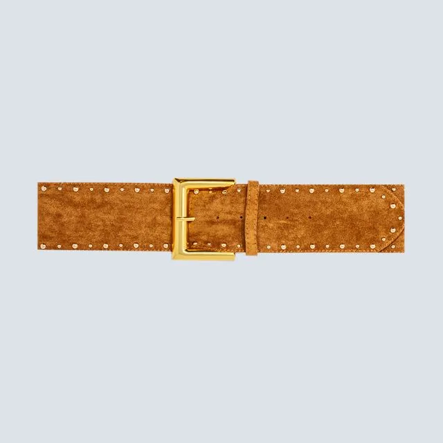 SUEDE SQUARE BUCKLE WAIST AND HIP BELT IN CAMEL