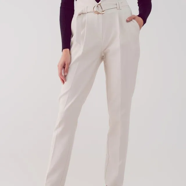 CIGARETTE PANTS WITH PAPER-BAG WAIST IN CREAM