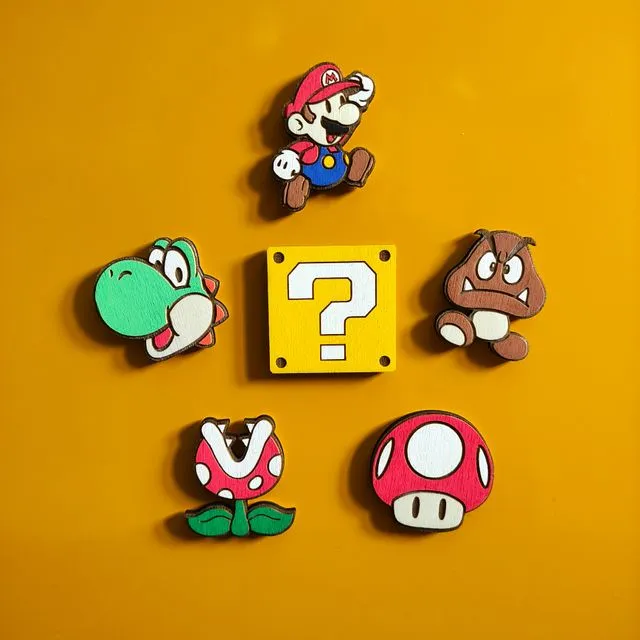 Set of 6 Super Mario Wooden Fridge Magnet, Yoshi, Mushroom, Piranha Plant, Mystery Box, Goomba, Retro Geek Decor, Kitchen Decor, Personalized Gift
