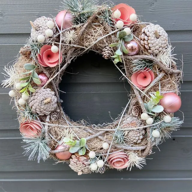 Handmade hanging pink bauble wreath 34 x 34 x 10cm