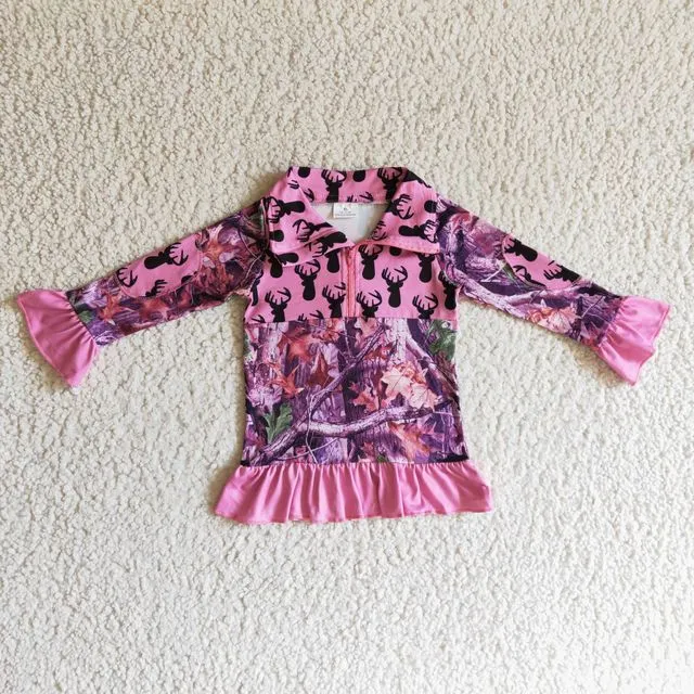 Children's clothing baby girl zipper design with collar floral cuff pink long sleeve girls top