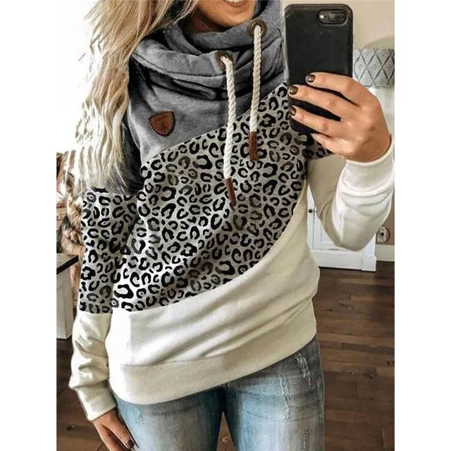Trendy Leopard Patchwork Hoodie-GRAY