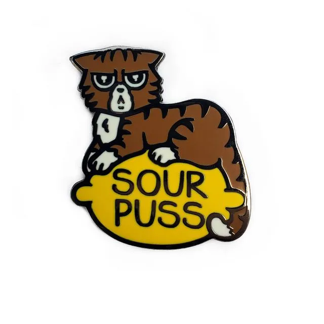 Sourpuss Cat on a Lemon Enamel Pin