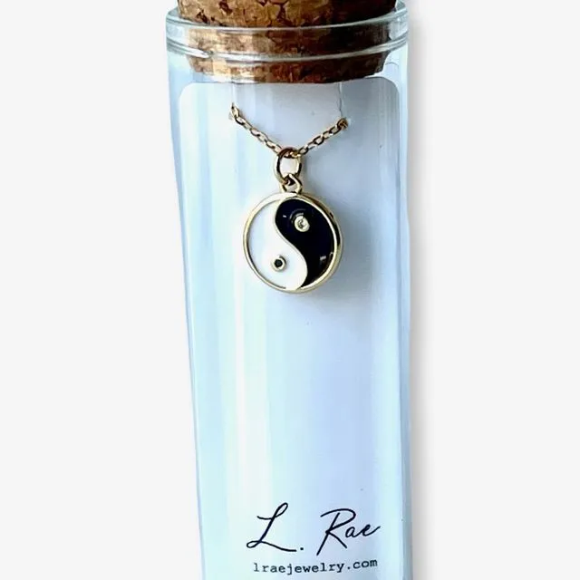 Ying Yang Pave Charm Necklace. Glass Vial Display