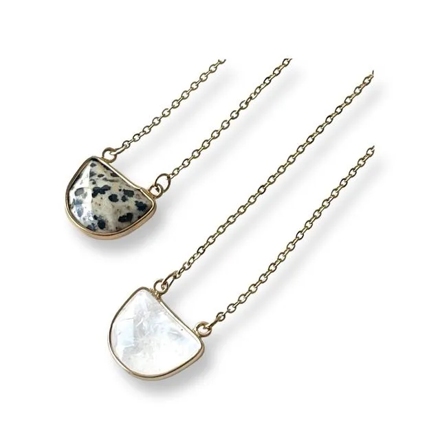 Half Moon Gemstone Necklace. Quartz & Dalmation Jasper. Glass Vial Display