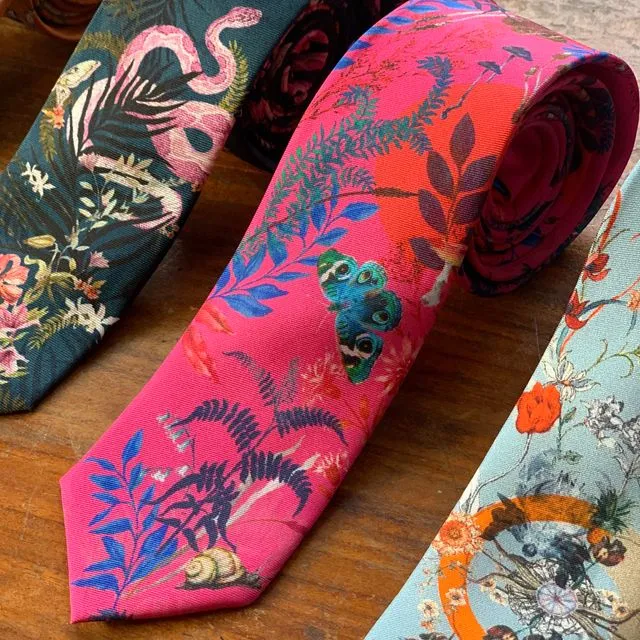Fuchsia Pink Silk Tie with butterfly and floral pattern 'Nectar' Men's Luxury Silk necktie