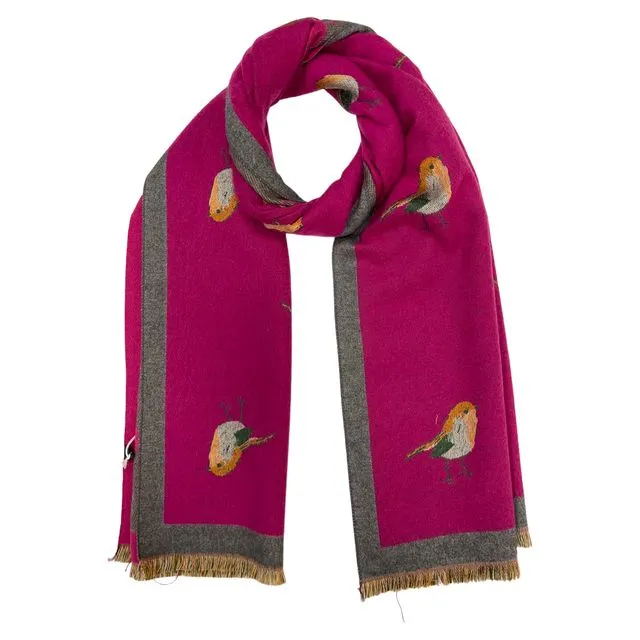 Robin embroidered print on reversible cashmere blend scarf