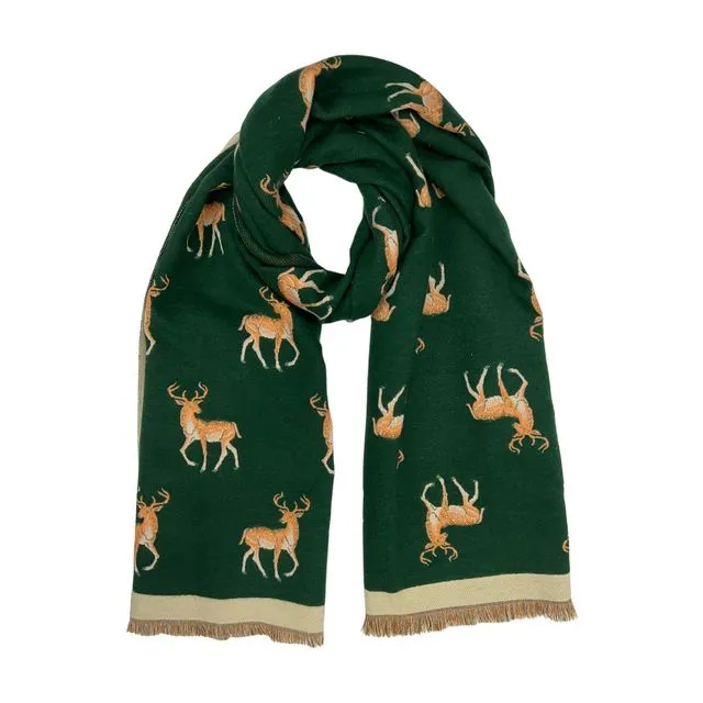 Deer embroidered print on reversible cashmere blend scarf