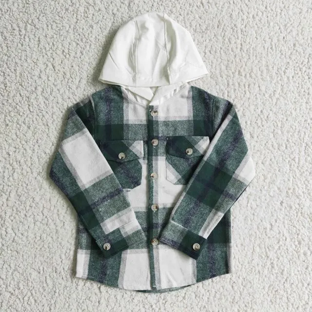New Arrivals Green Plaid Boys Flannel Hoodie Shirts