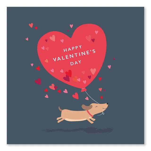 Sausage Dog running with Heart Balloon Valentine's Card