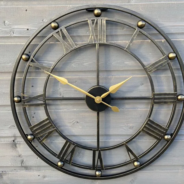 Black Skeleton clock with gold hands indoor/ outdoor clock for the garden 56cm