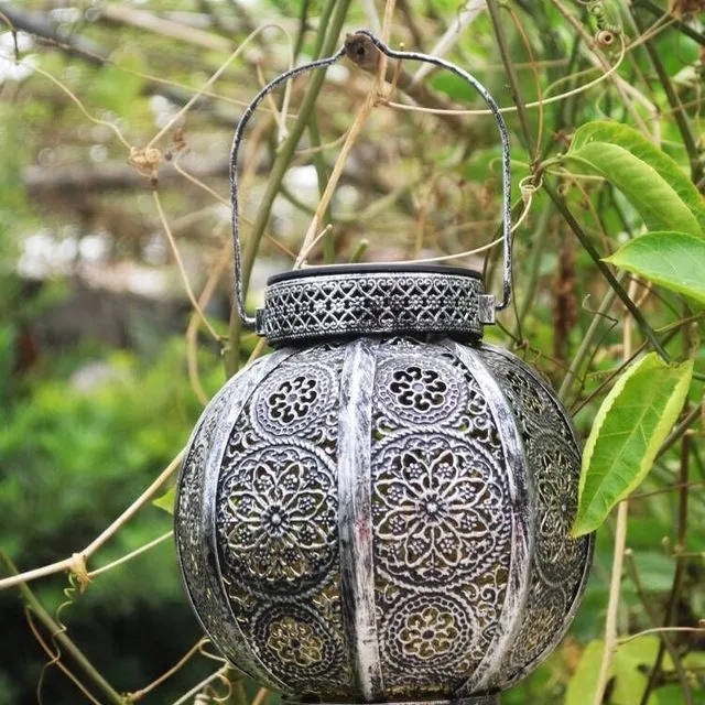 Moroccan Solar Powered Silver brushed lantern