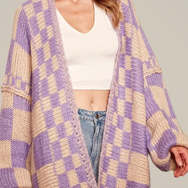 Checkered Open Front Balloon Sleeve Long Cardigan; Prepack 2-2-2; S-M-L