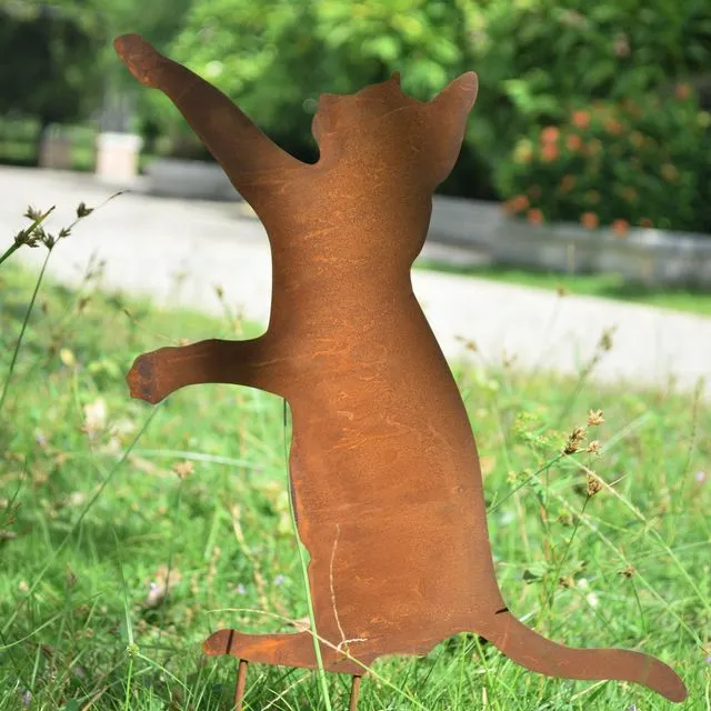 Rusty Metal Cat Garden Decor / Metal Cat Garden Gift / Playful Cat Garden Sculpture / Cat Garden Ornament