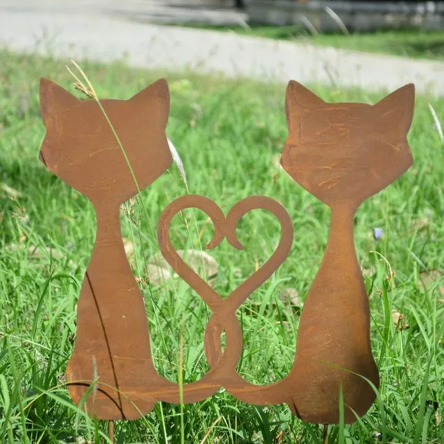 Exterior Rustic Rusty Metal love Cats Bonded with a heart Feline Garden Fence Topper Yard Art Gate Post Sculpture Gift Present
