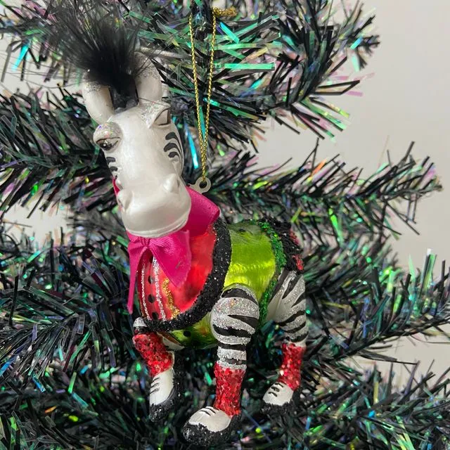 Glass zebra Christmas tree hanging ornament