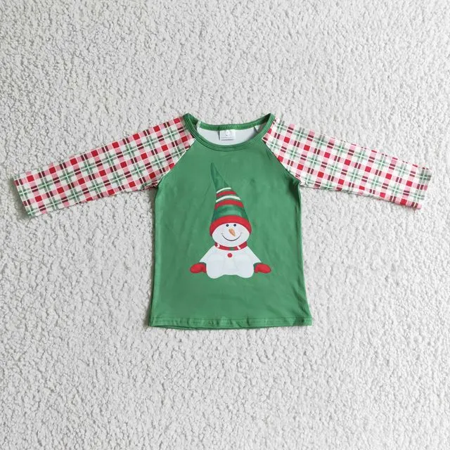 Green Plaid Snowman Kids Boys Christmas Shirts