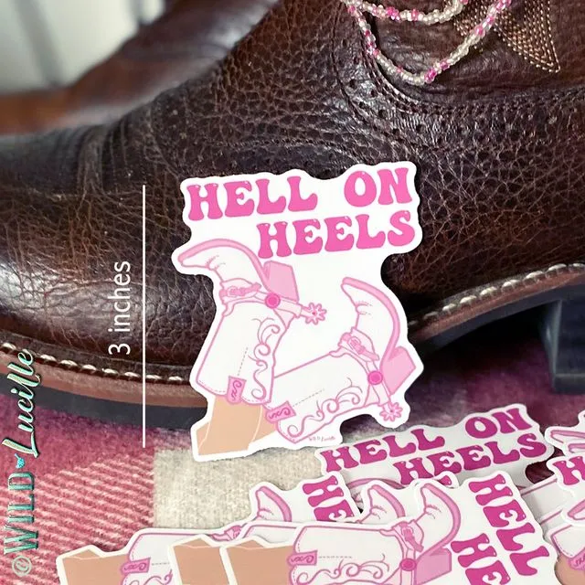 Hell On Heels Pink Cowgirl Boots - Western Vinyl Sticker Decals