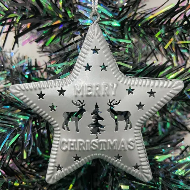 Handmade silver metal star Christmas tree hanging ornament
