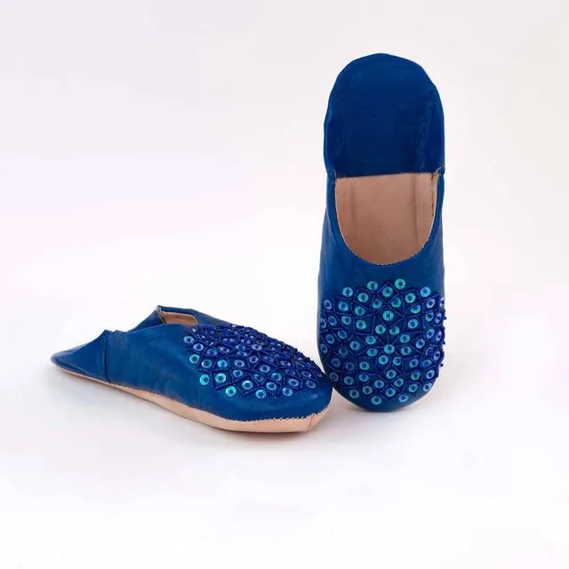 Hand embroidered babouche Blue Sequin slippers