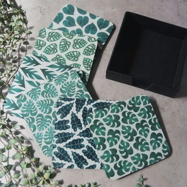 Coasters set of 6, Leafy, Botanical, Plant pattern