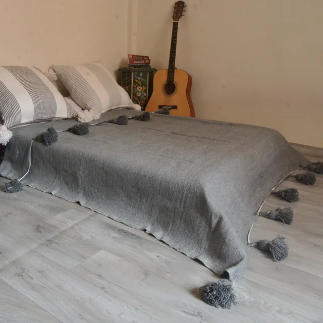 Moroccan blanket Gray Tassels bed spread