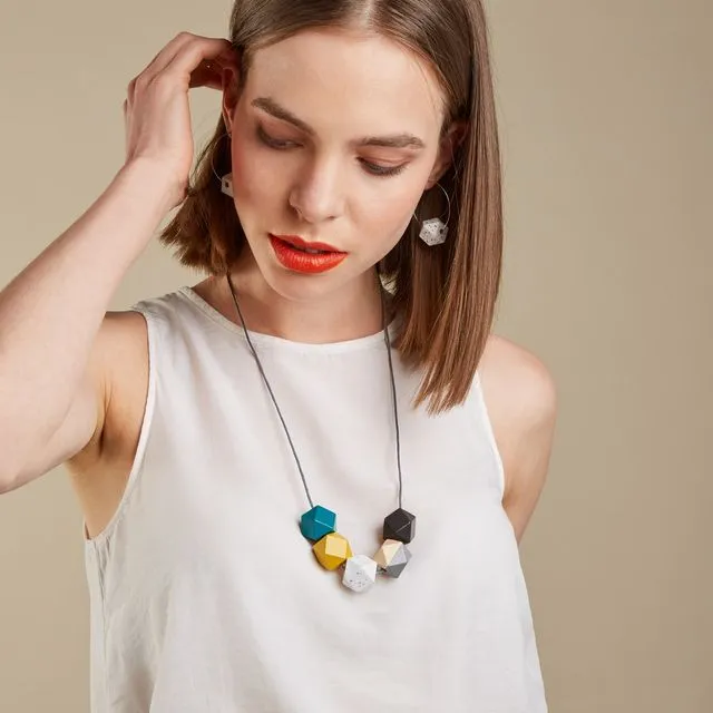 Hand painted Wooden Geometric Necklace – Mustard, Granite, Teal & Grey | Statement Necklace | Gift for her