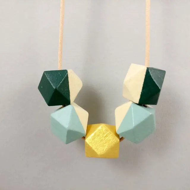 Hand painted Wooden Statement Necklace | Geometric Necklace Dark Green, Sage & Gold | Statement Necklace | Gift for her