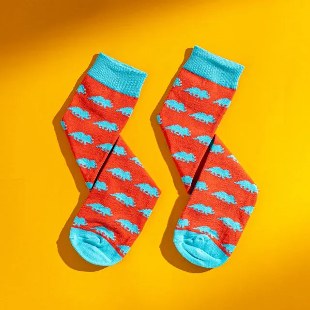 Red and light blue men's Egyptian cotton socks with triceratops pattern