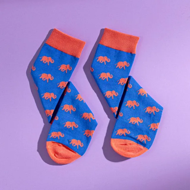 Orange and blue men's Egyptian cotton socks with woolly mammoth pattern