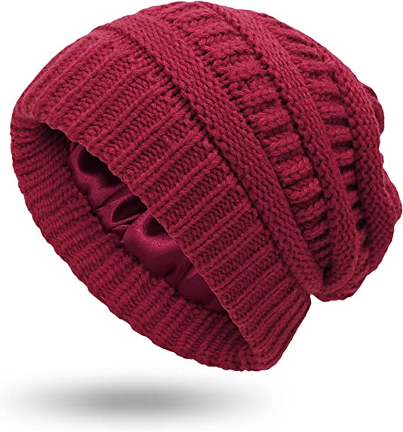 Womens Winter Warm Knitted Hat Satin Silk Lined Cable Knit Beanie Chunky Slouchy Skull Cap