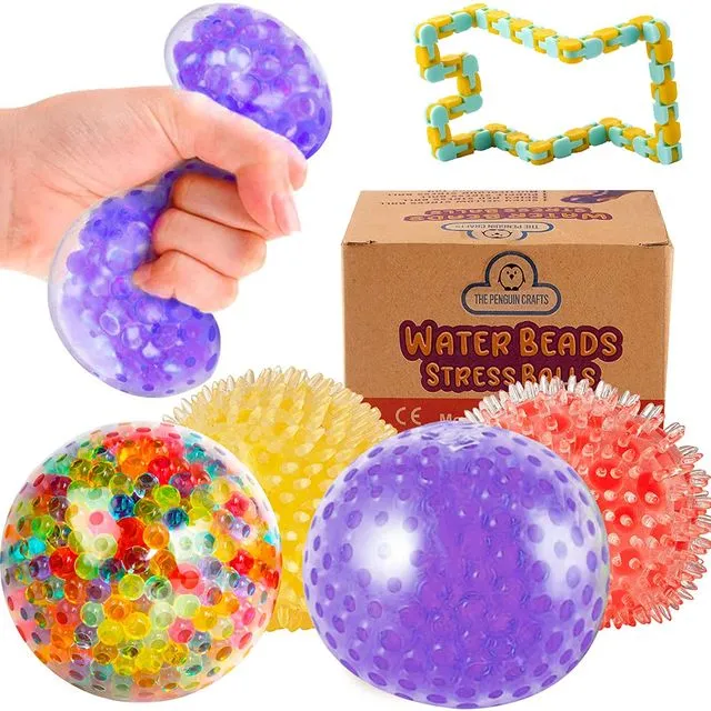 Water Beads Stress Balls Sensory Toys – 5PCS Stress-Relief Water Beads Squeeze Balls with 48-links Wacky Tracks