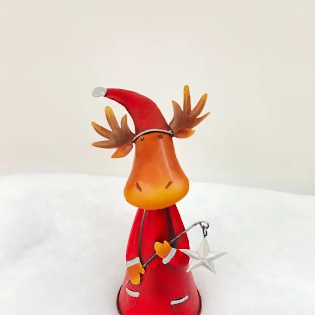 Handmade nodding metal reindeer holding a Christmas star ornament 15 x 10 x 25cm