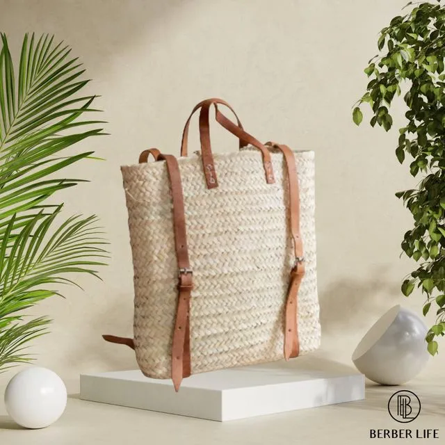 Straw Beach bag with leather strap - Straw backpack