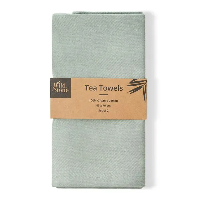 Organic Cotton Tea Towels - Herringbone Weave - Set of 2 - Moss Green