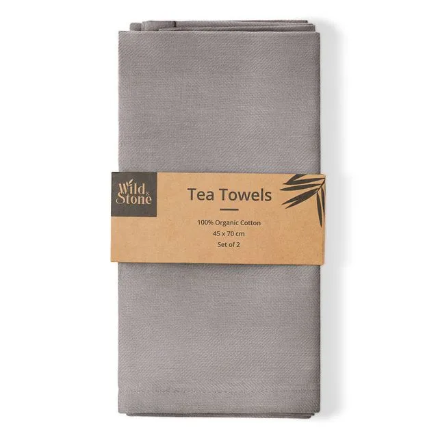 Organic Cotton Tea Towels - Herringbone Weave - Set of 2 - Dove Grey