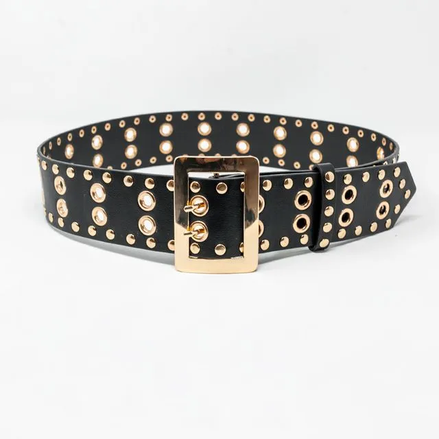 WAIST SQUARE BUCKLE BELT IN BLACK WITH GOLD EYELETS