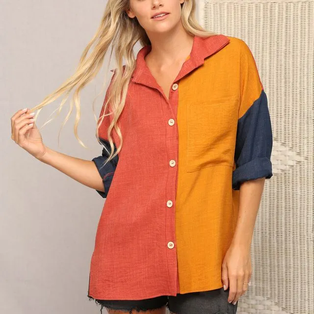 Seasonally Chic Oversized Button Down Collar Shirt Blouse Rust/Mustard/Navy