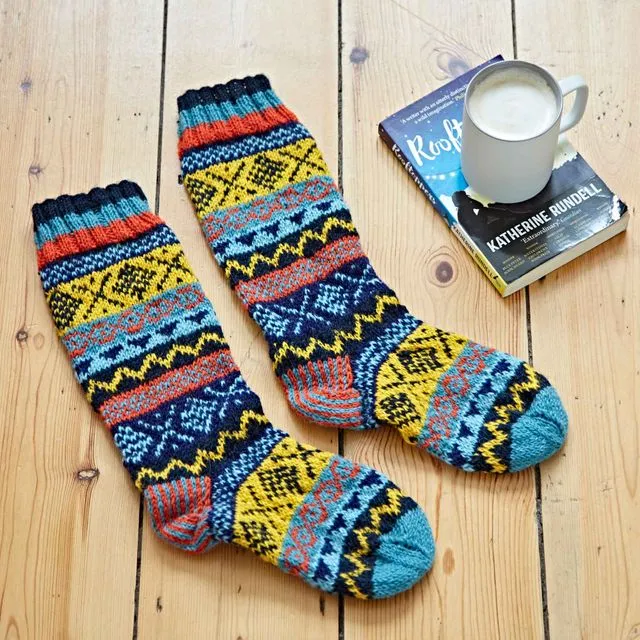 Handknitted Woollen Fairisle Socks - Blue, Yellow and Orange
