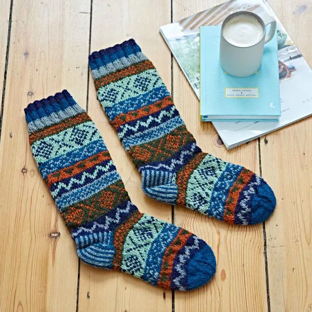 Handknitted Woollen Fairisle Socks - Blue, Grey and Orange