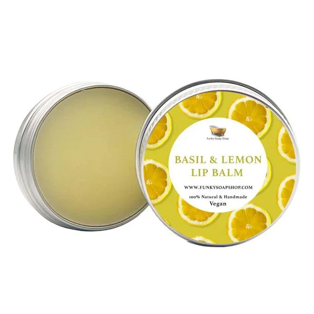 Vegan Basil & Lemon Lip Balm, 100% Handmade And Natural, 1 Tin Of 15g
