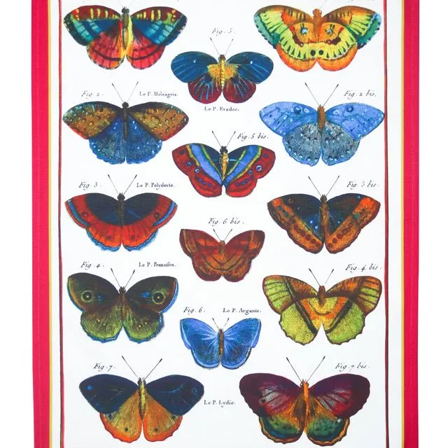 Multicoloured Tea Towel Red Butterfly Antique Print Luxury