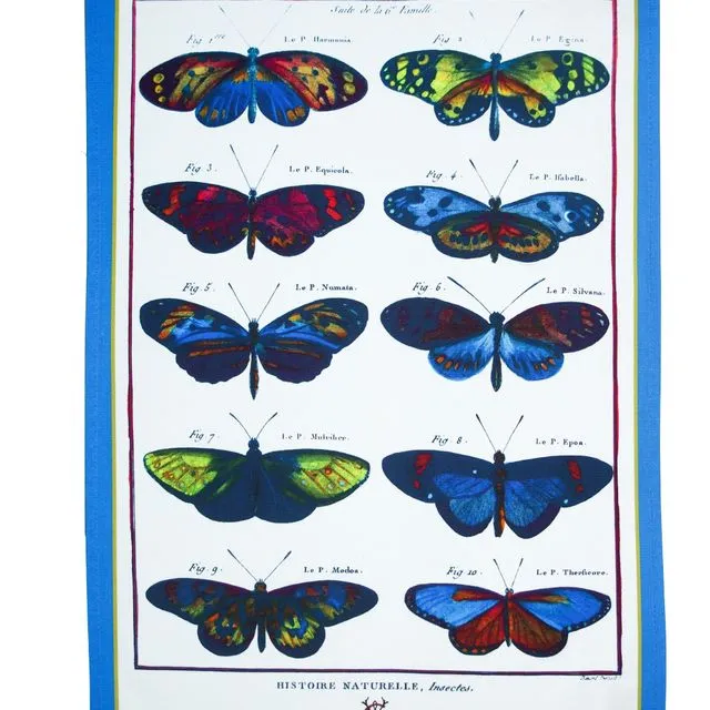 Multicoloured Tea Towel Butterfly Blue Antique Print Luxury