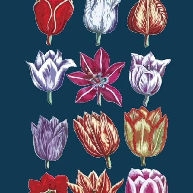Antique Tulips Navy Tea Towel Floral 100% Cotton Emanuel Sweert 1612 Botanical Print