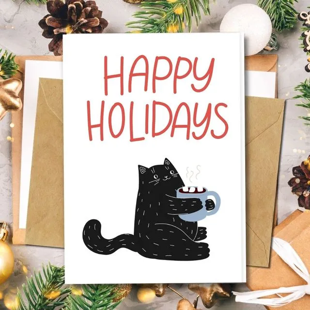 Handmade Eco Friendly | Plantable Seed or Organic Material Paper Christmas Cards Holly Cat