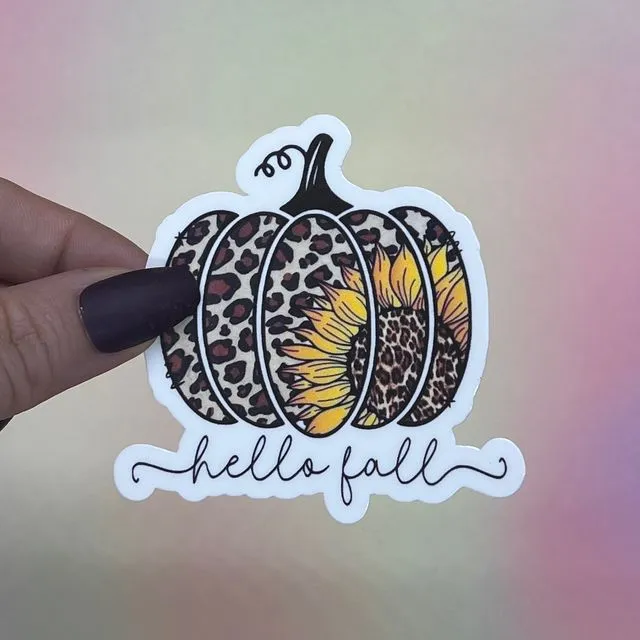 Hello Fall Sticker Pumpkin Shape with Leopard Print and Sunflower