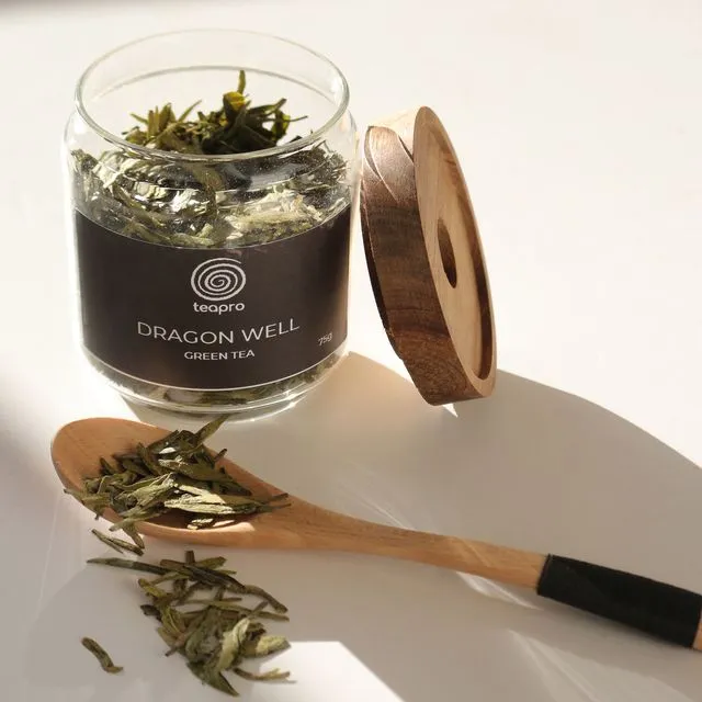 LONG JING DRAGON WELL GREEN TEA | in acacia wood lid glass jar