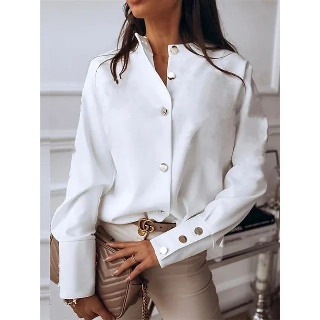 Stand-Up Collar Solid Color Shirt-WHITE