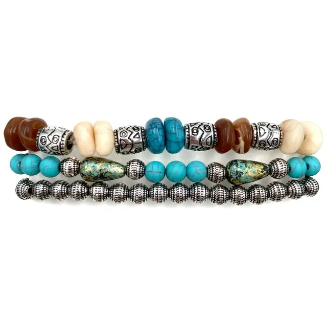 Western Turquoise Beads and Stones Three Piece Stretch Bracelet