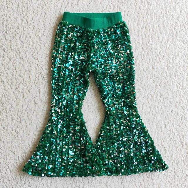 Children Green Trousers Girls Lining Sequined Pants
